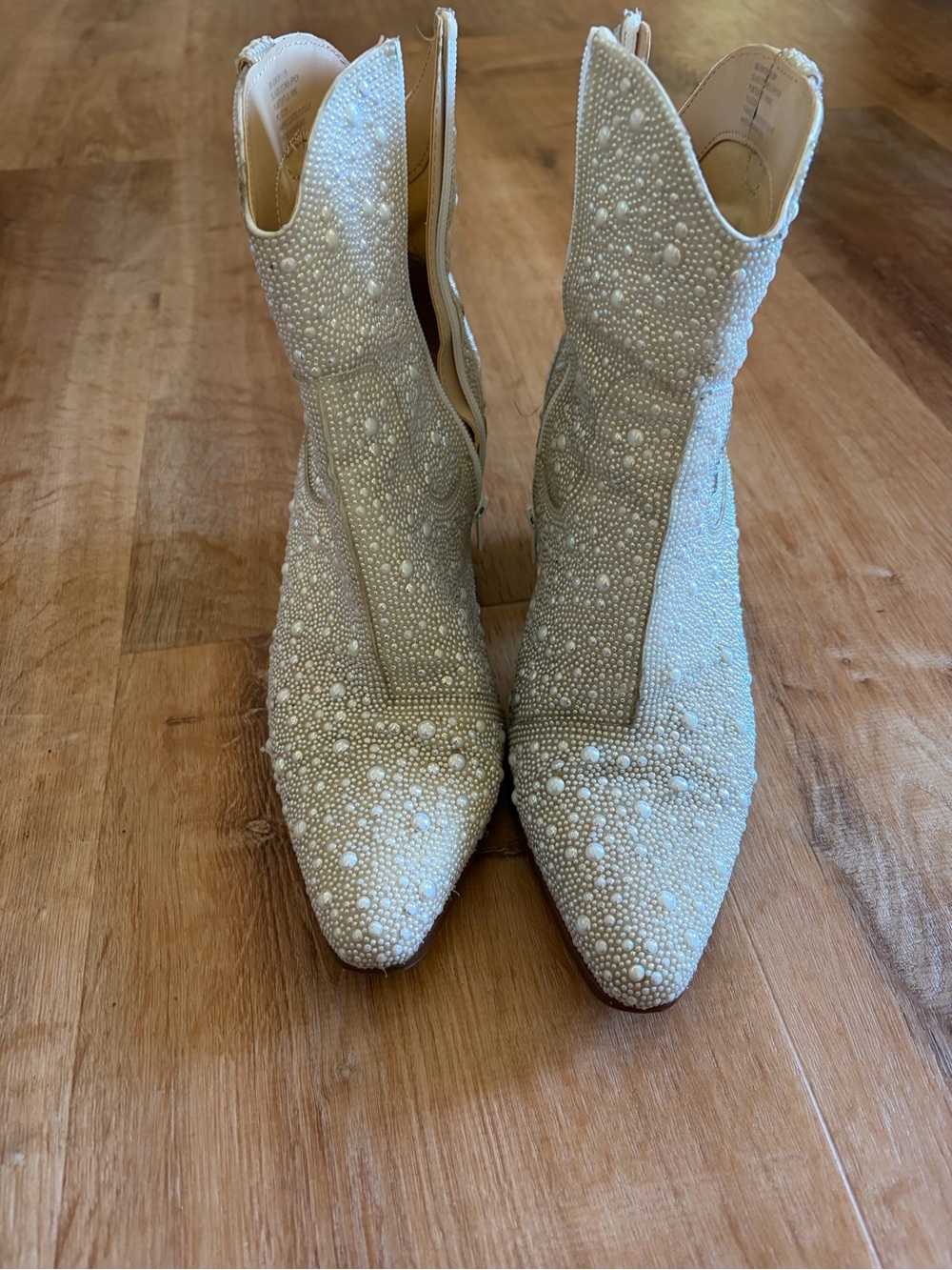 Betsey Johnson Pearl-Embellished Ivory Western Ankle Boots